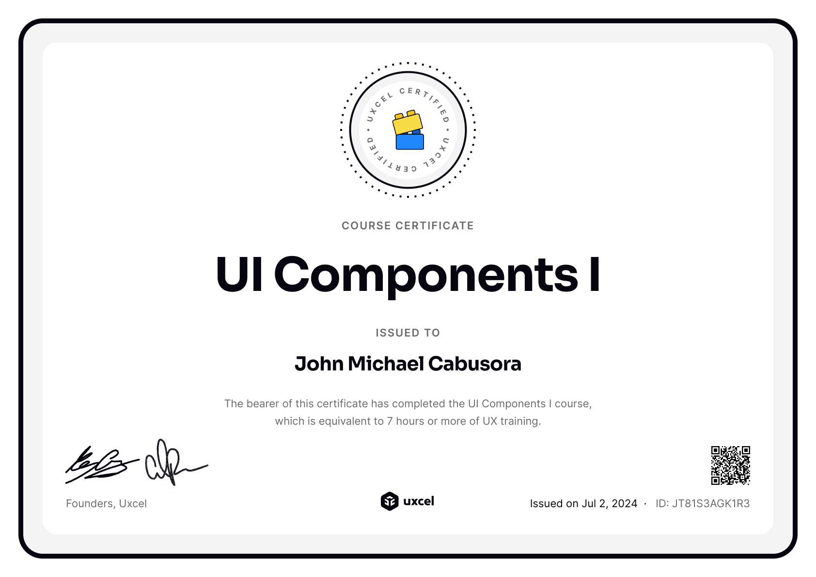 John Michael Cabusora's certificate